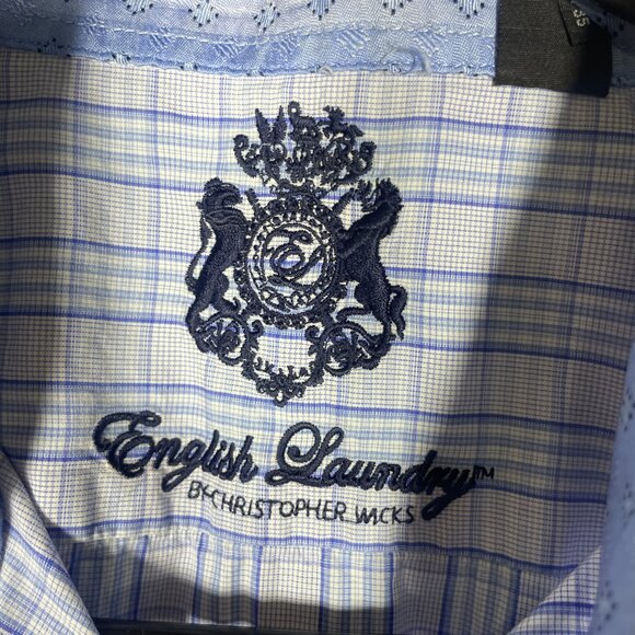 English Laundry by Christopher Wicks Plaid Blue Button-Up Shirt Cotton 17 34/3 - Picture 2 of 6